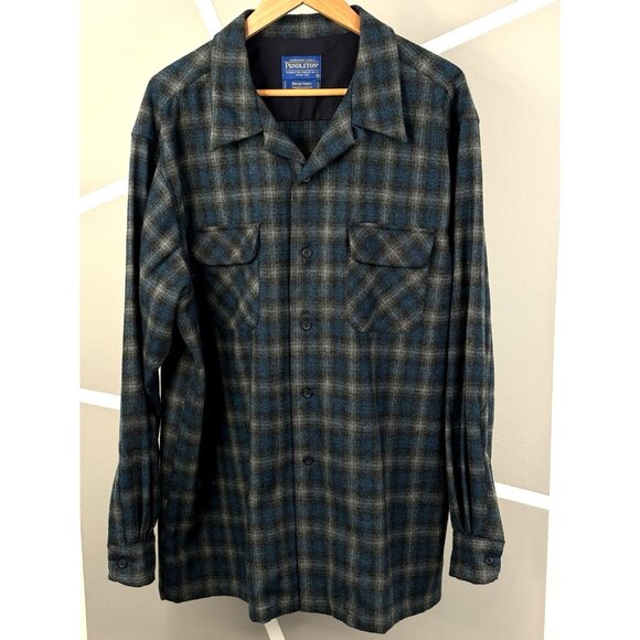 Pendleton Board Shirt Men’s XL Virgin Wool Camp Collar Blue Grey Plaid - Picture 1 of 15